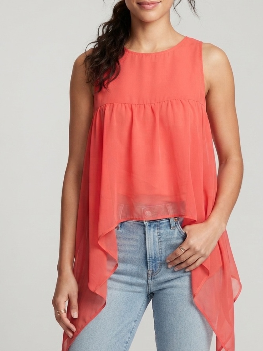 Ivy Sleeveless Coral Sheer Sleeveless Summer Handkerchief-Hem Top Size Medium